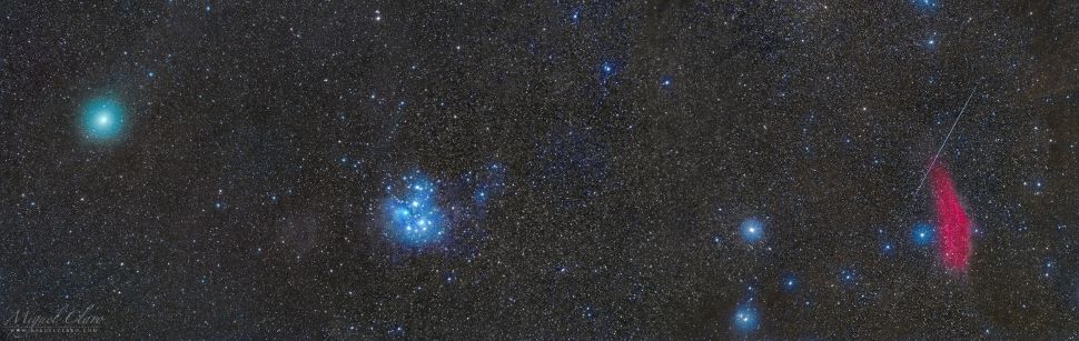 Una escena de campo amplio muestra al cometa 46P / Wirtanen haciendo su acercamiento histórico a la Tierra el 15 de diciembre de 2018. Esta vista panorámica también presenta el cúmulo de estrellas de las Pléyades, la Nebulosa de California y un meteoro. La foto fue tomada desde el Observatorio Cumeada en la Reserva de Alqueva del Cielo Oscuro en Portugal