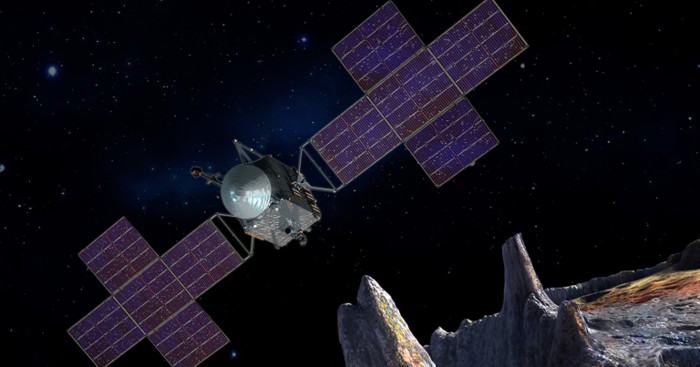 Representación artística de la nave de exploración de la misión Pyche de la NASA, cerca del objetivo, el asteroide metálico