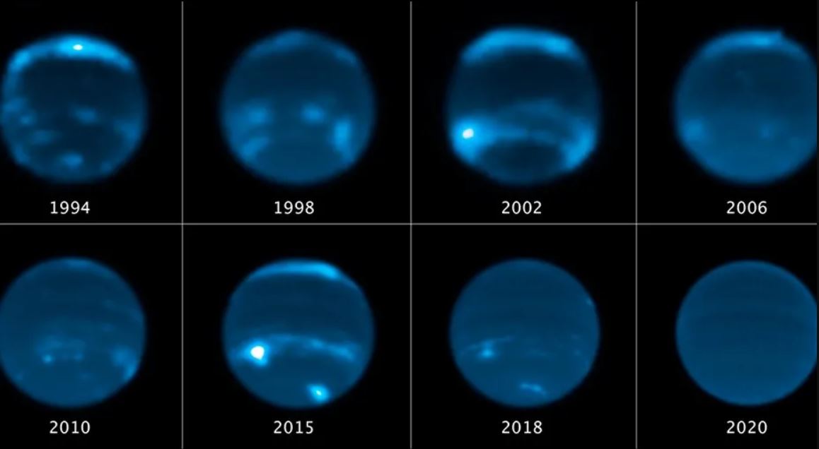 Esta secuencia de imágenes del telescopio espacial Hubble narra el aumento y disminución de la cantidad de cobertura de nubes en Neptuno
